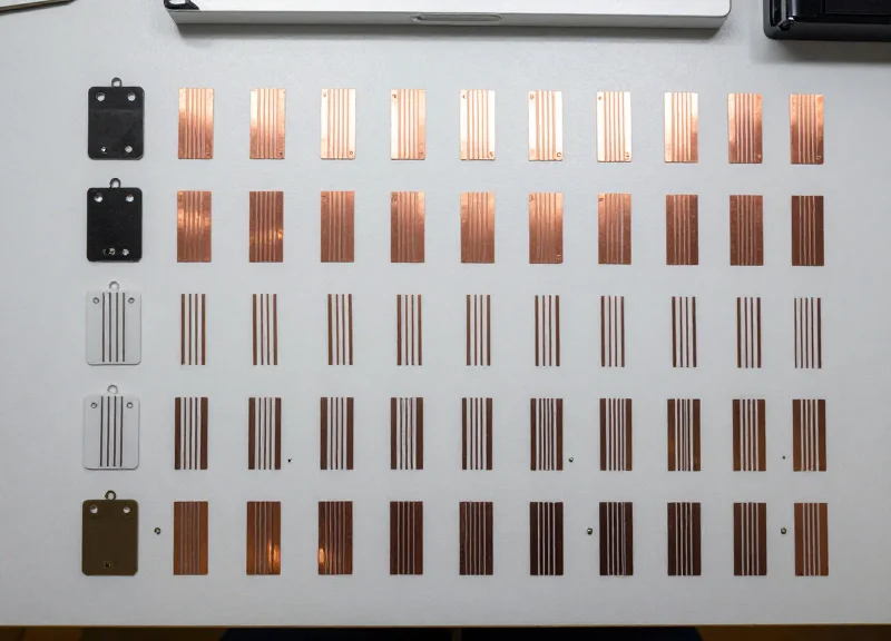 A variety of RFID tags and antenna inlays neatly arranged on an engineering workbench