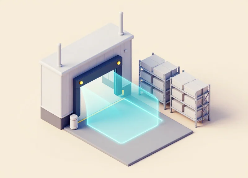 3D isometric model of a warehouse portal with RFID antennas showing signal coverage zones