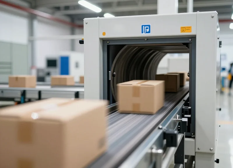 Fast moving boxes on an industrial conveyor system with RFID scanning equipment