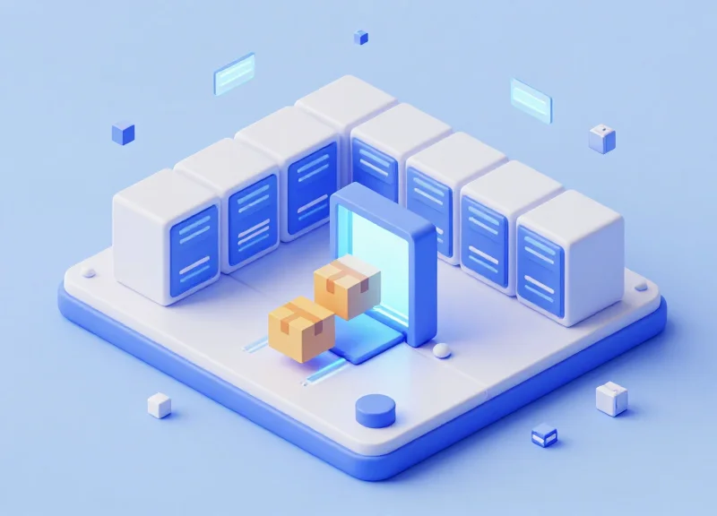 Isometric 3D model of a package being scanned by a digital RFID gateway to ensure data integrity.