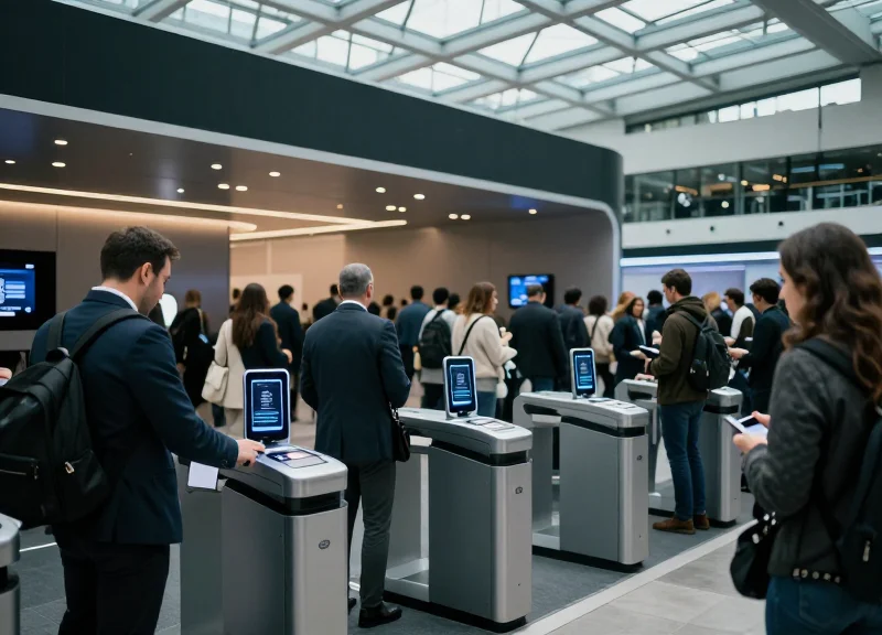 Crowded exhibition hall entrance with modern automated RFID kiosks processing attendees.