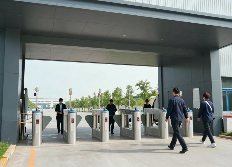 A wide shot of a factory entrance where workers pass through automated gates effortlessly without a manual security desk.