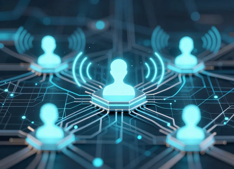 A futuristic conceptual representation of RFID and ESL signals connecting security systems in a digital network.
