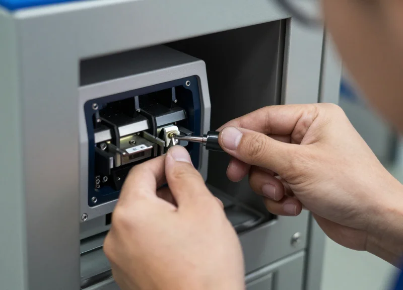 A technician's hands carefully aligning a dual-hopper card dispenser inside a secure metal kiosk.