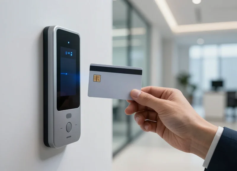 A person using a touchless RFID reader in a modern office environment