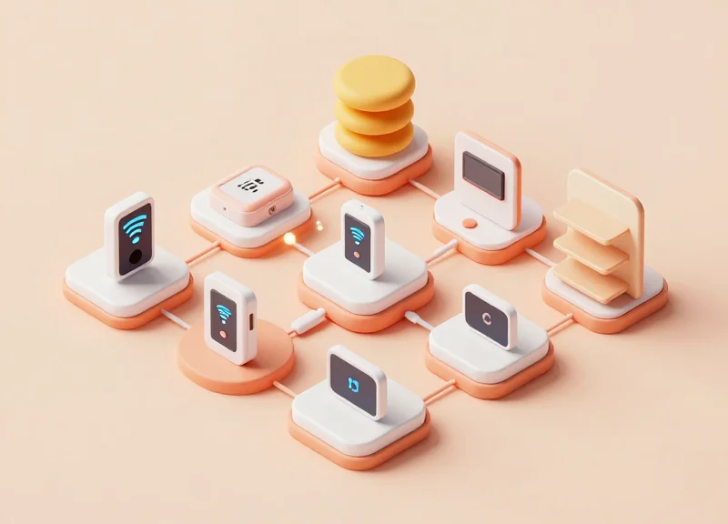 Isometric 3D illustration of interconnected RFID and ESL modules in a retail environment