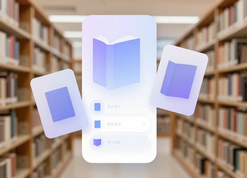 A smartphone showing a library navigation app interface with glassmorphism style