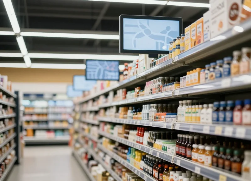 A wide photorealistic shot of a busy modern supermarket with clean, electronic shelf labels on display.