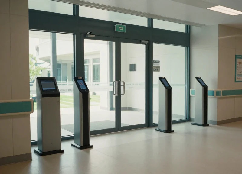 A modern hospital corridor featuring sleek Electronic Article Surveillance (EAS) sensors at the exit.