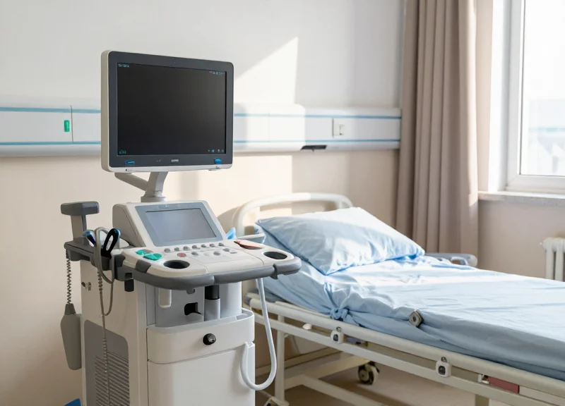 A clean, brightly lit hospital room with an advanced medical ventilator positioned next to a patient bed, ready for immediate use.
