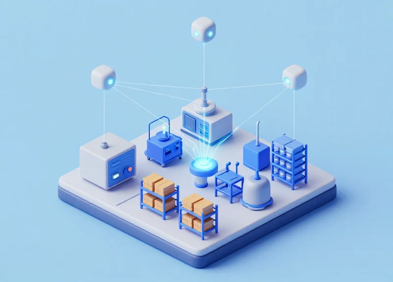 Isometric view of a factory floor showing strategic placement of RTLS anchors to avoid dead zones.