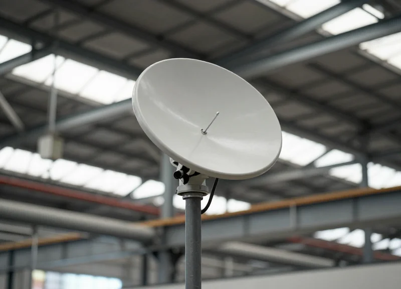 A directional antenna mounted on an industrial steel beam focusing signal toward a specific work area.