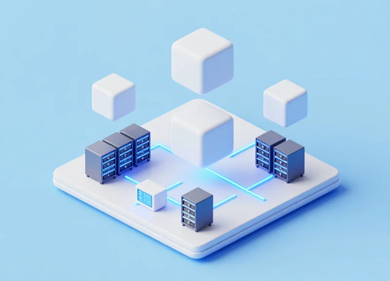 Isometric 3D model of a warehouse floor showing integrated sensors and tracking software blocks.