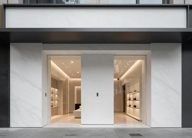 Modern minimalist retail store architecture with hidden security sensors integrated into marble design.