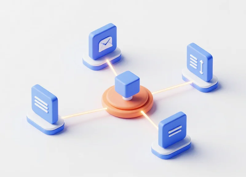 Isometric 3D model showing connected system modules for ERP and POS integration.