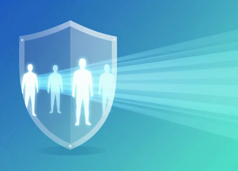 Metaphorical illustration of a digital shield protecting human silhouettes representing data privacy.