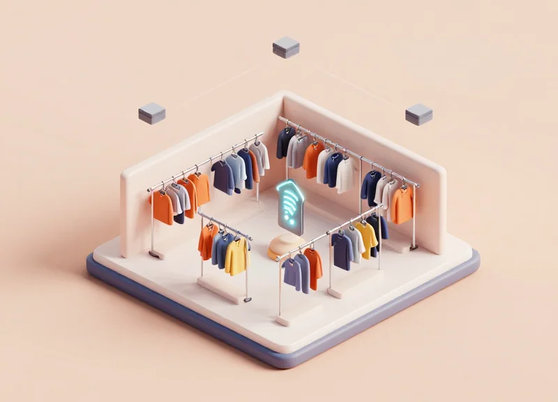 Isometric 3D model of an apparel store with integrated RFID and AI vision systems.