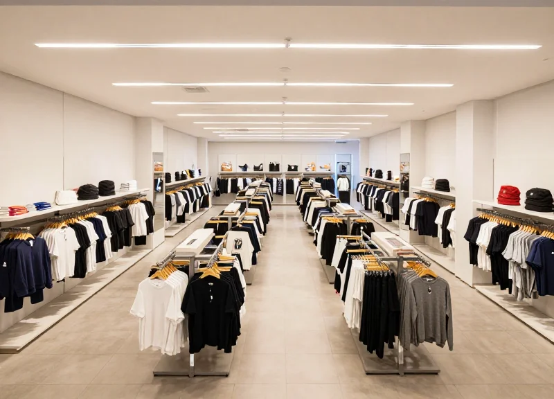 Wide interior view of a high-end apparel mega-store with clear visibility.