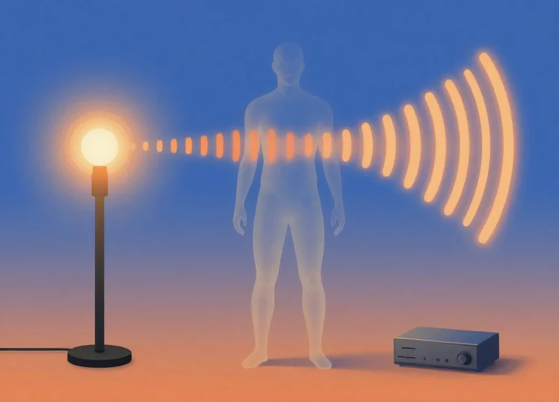 Abstract visualization of radio frequency waves being blocked by a human silhouette.