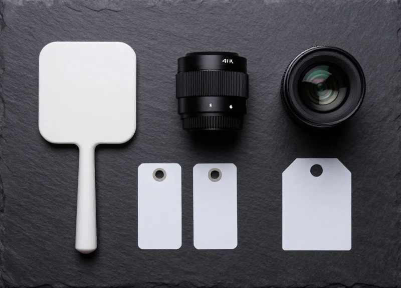 A collection of RFID antennas, 4K lenses, and hardware components neatly arranged.