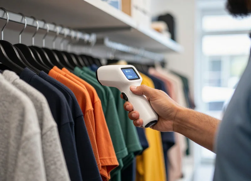 Retail associate using a handheld RFID scanner to manage inventory on a clothing rack.