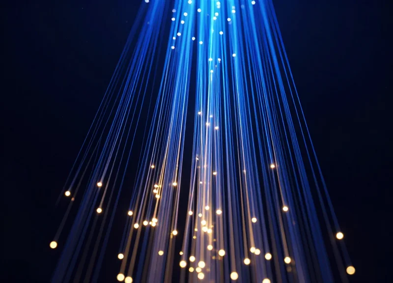Abstract visualization of AI data streams and network nodes in a retail security context.