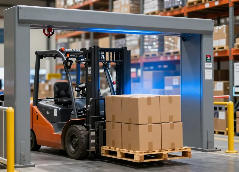 An industrial RFID portal gate scanning a forklift carrying pallets in a high-density warehouse environment.