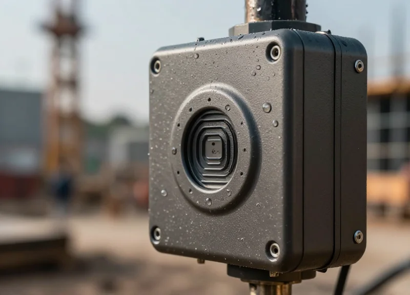 A rugged industrial RFID sensor casing with water droplets and dust, demonstrating environmental durability.