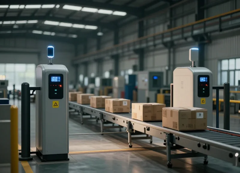 Modern RFID portal in a bustling automated factory environment with goods moving through
