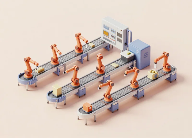 Isometric 3D model of a streamlined factory production line showing efficient workflow