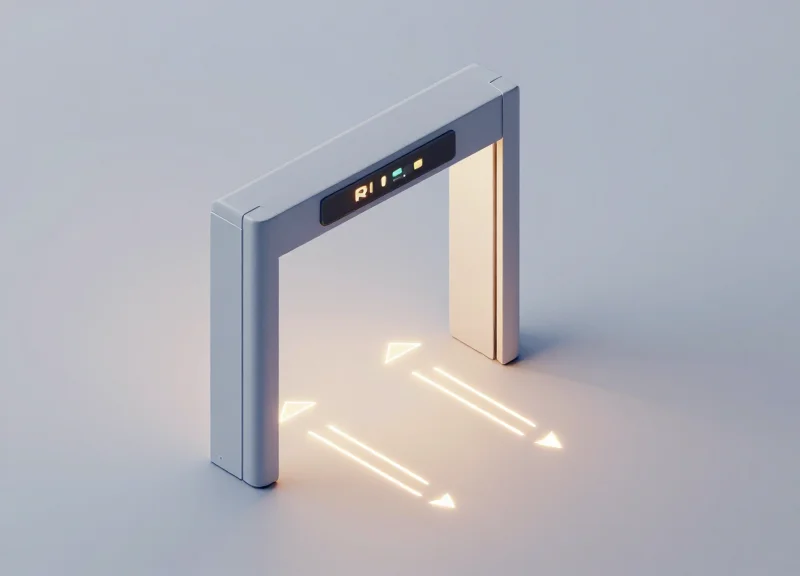 Isometric view of an RFID portal gate showing directional sensing flow