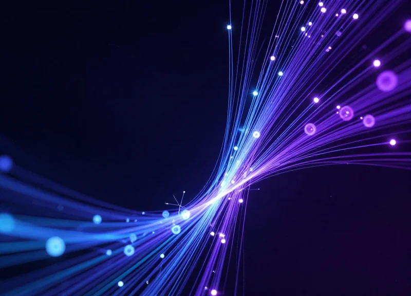 Abstract data visualization of logistics paths merging into a predictive growth pattern with glowing nodes.