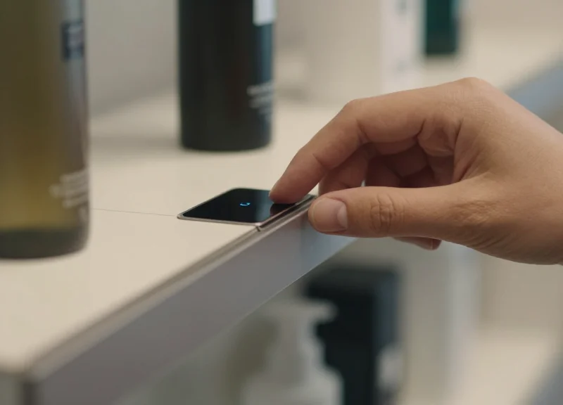 Close-up photorealistic shot of a product being placed on a high-precision sensor shelf.