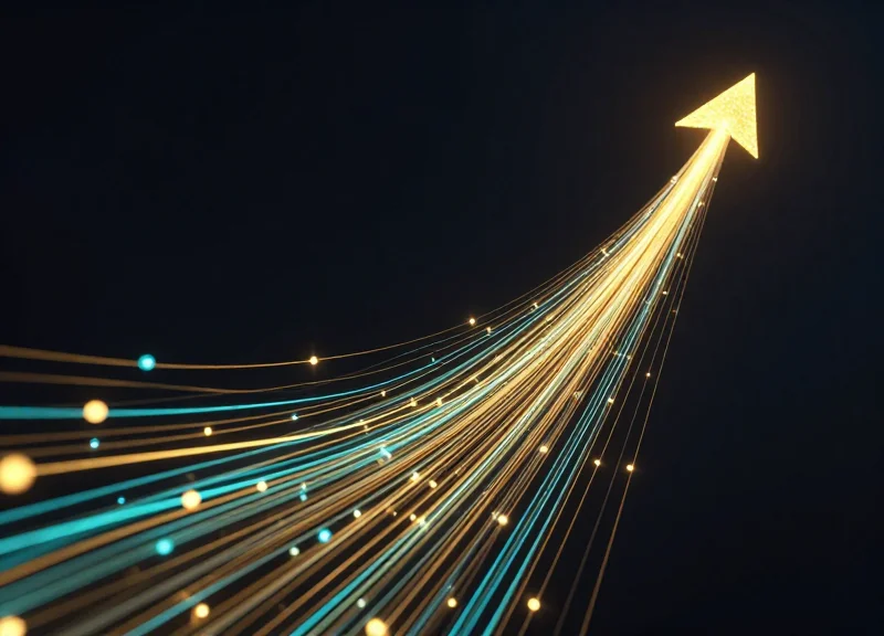 Abstract upward trending light trails representing ROI and financial growth.