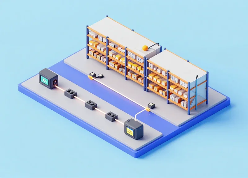 Micro-industrial layout showing the step-by-step setup of RFID readers and storage units.