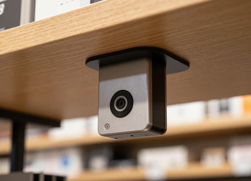 Close-up of a precision gravity sensor installed under a retail shelf surface