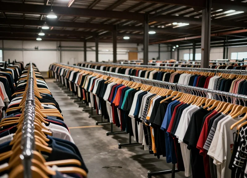A wide view of a modern high-density apparel warehouse with organized garment racks and hangers