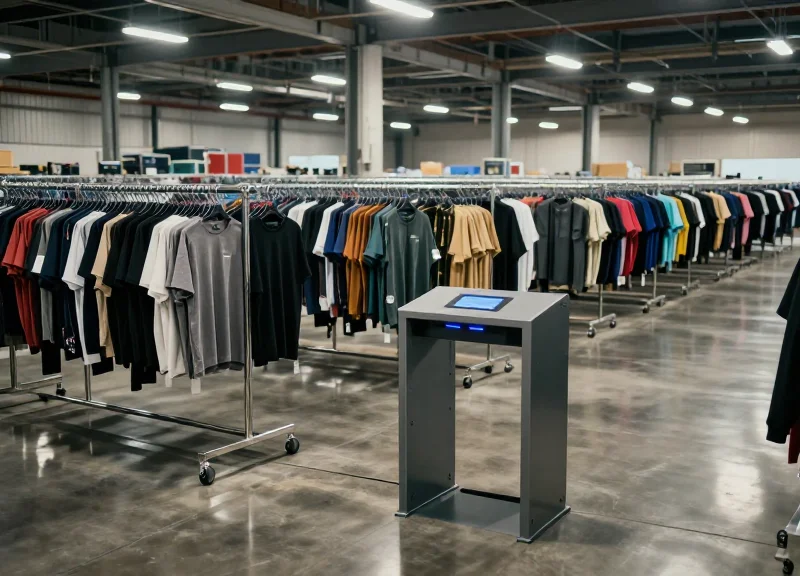 A wide, cinematic shot of a modern high-density apparel warehouse with perfectly organized clothing racks and industrial scanning equipment under bright, professional lighting.