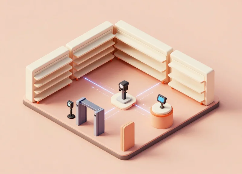 Isometric 3D model of an integrated retail ecosystem including RFID and ESL