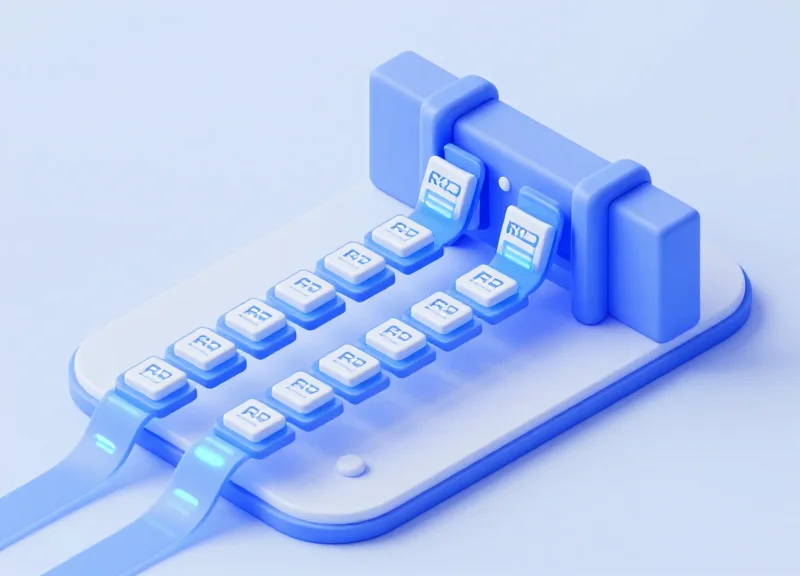 Isometric 3D model of data packets being organized and filtered to represent anti-collision algorithms.