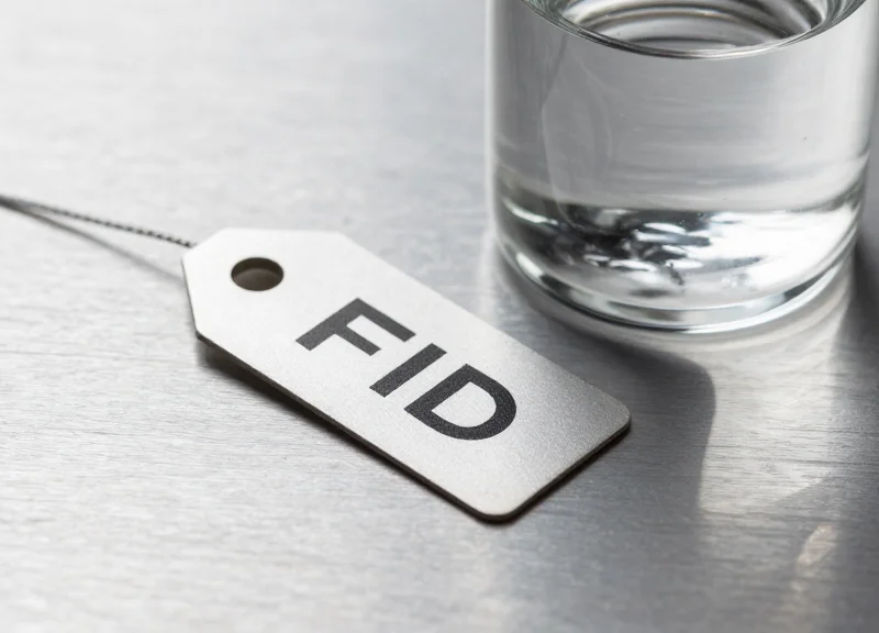 Macro shot of an RFID tag applied to a metal surface and a container of liquid, showing material interference factors.