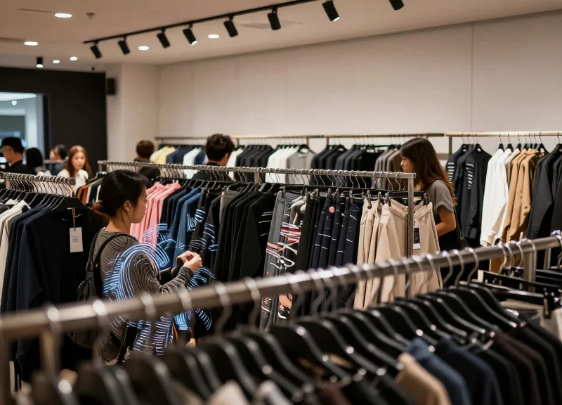 A busy high-end clothing retail store environment with many garment racks and subtle glowing energy patterns representing overlapping signals.