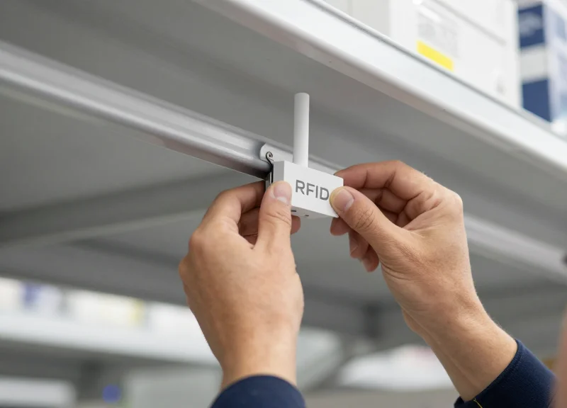 Close-up of professional technician's hands installing a white RFID antenna onto a metal ceiling track in a modern store.