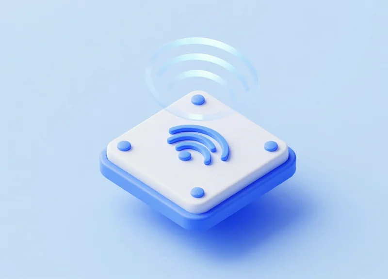 An isometric 3D model of a retail RFID antenna with glowing pulses representing adjustable power levels.