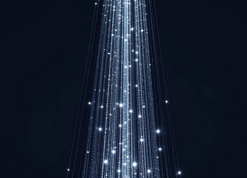 A complex network of glowing data points converging into a perfectly sharp, illuminated 99.9 percent accuracy symbol.