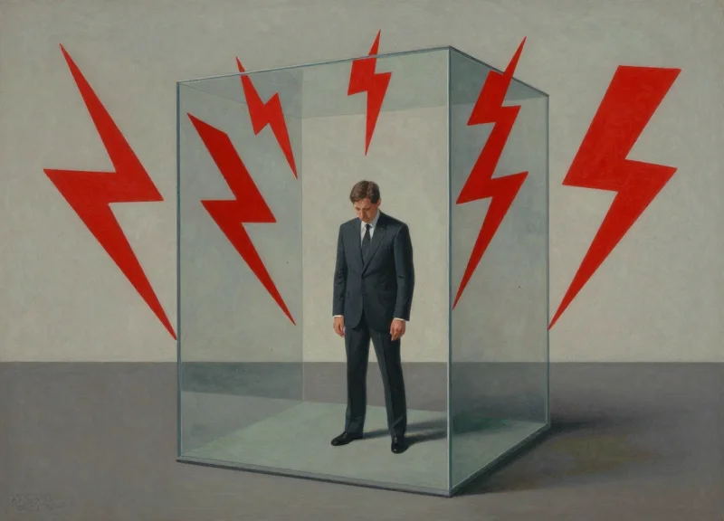 A person feeling frustrated by a chaotic storm of red signal noise