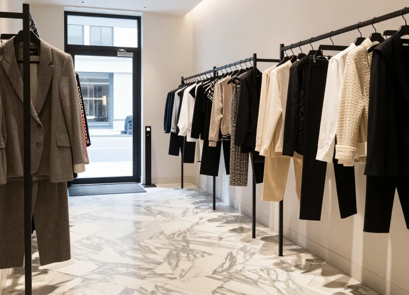 Interior of a compact luxury boutique with electronic devices and security sensors
