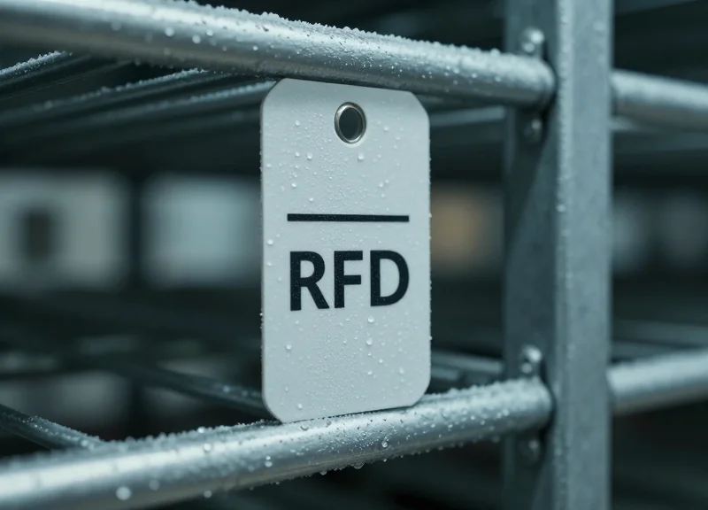 Close-up of a durable RFID tag mounted on a warehouse rack in a harsh environment.