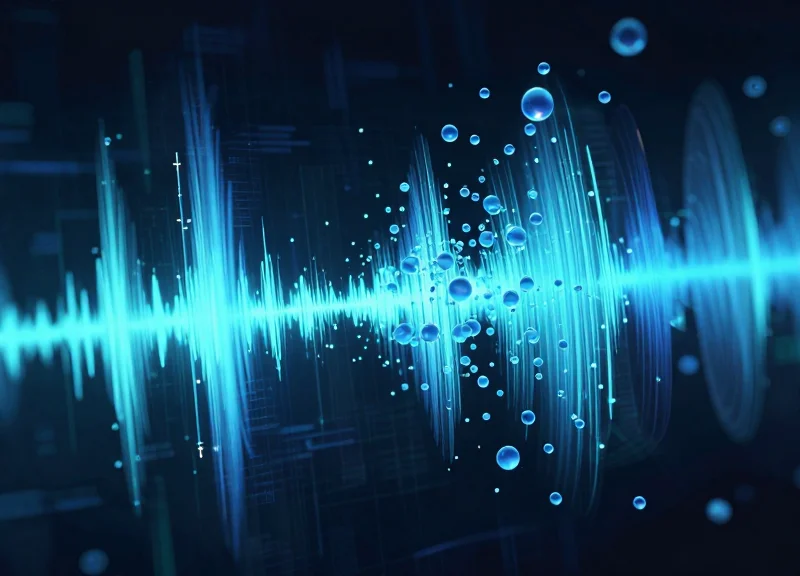Abstract visualization of RFID signals interacting with liquid molecules and interference patterns.