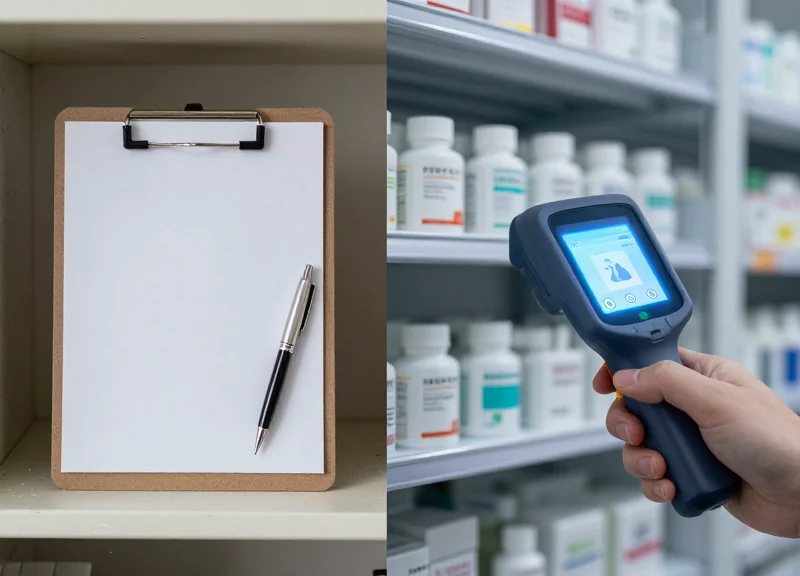 Side-by-side comparison of manual inventory counting versus automated RFID scanning.